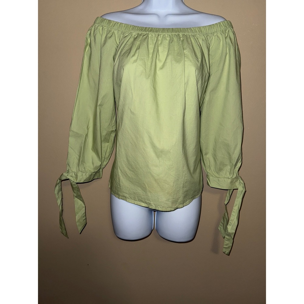 LOFT Women S Light Green Off Shoulder Tie Cuff Long Sleeve Top Minimalist Cotton
